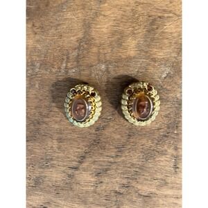 Vintage W Germany Cameo Clip On Earrings Amber Brown Gold Tone Mid Century